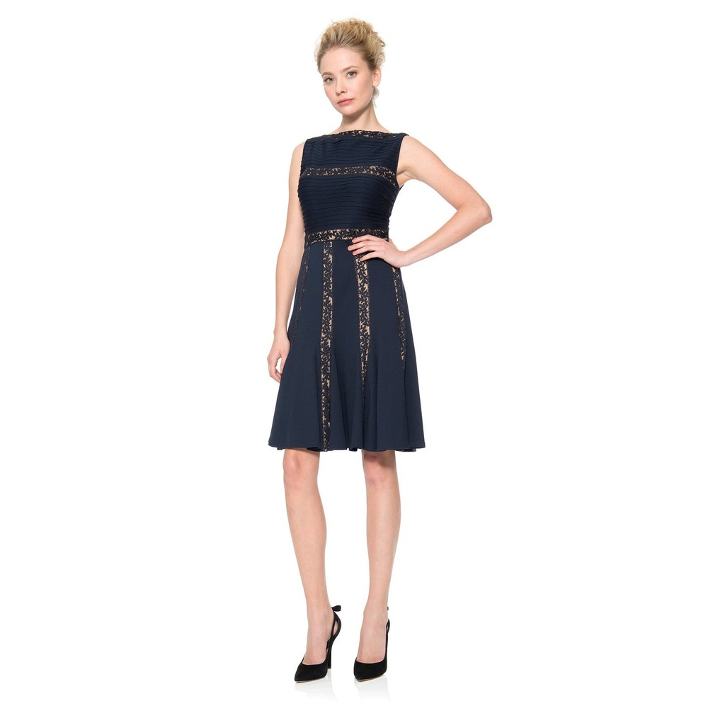 TADASHI SHOJI Pintuck Jersey and Lace Dress in Black / Nude Size M
